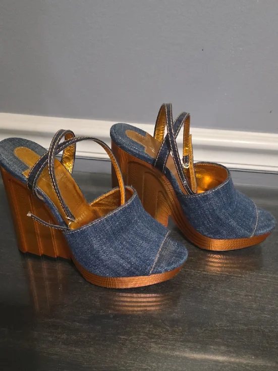 Auth Christian Louboutin Mira Colunata 120 Denim Gold Deco Platform Heel 38½ 8.5 - Picture 1 of 4